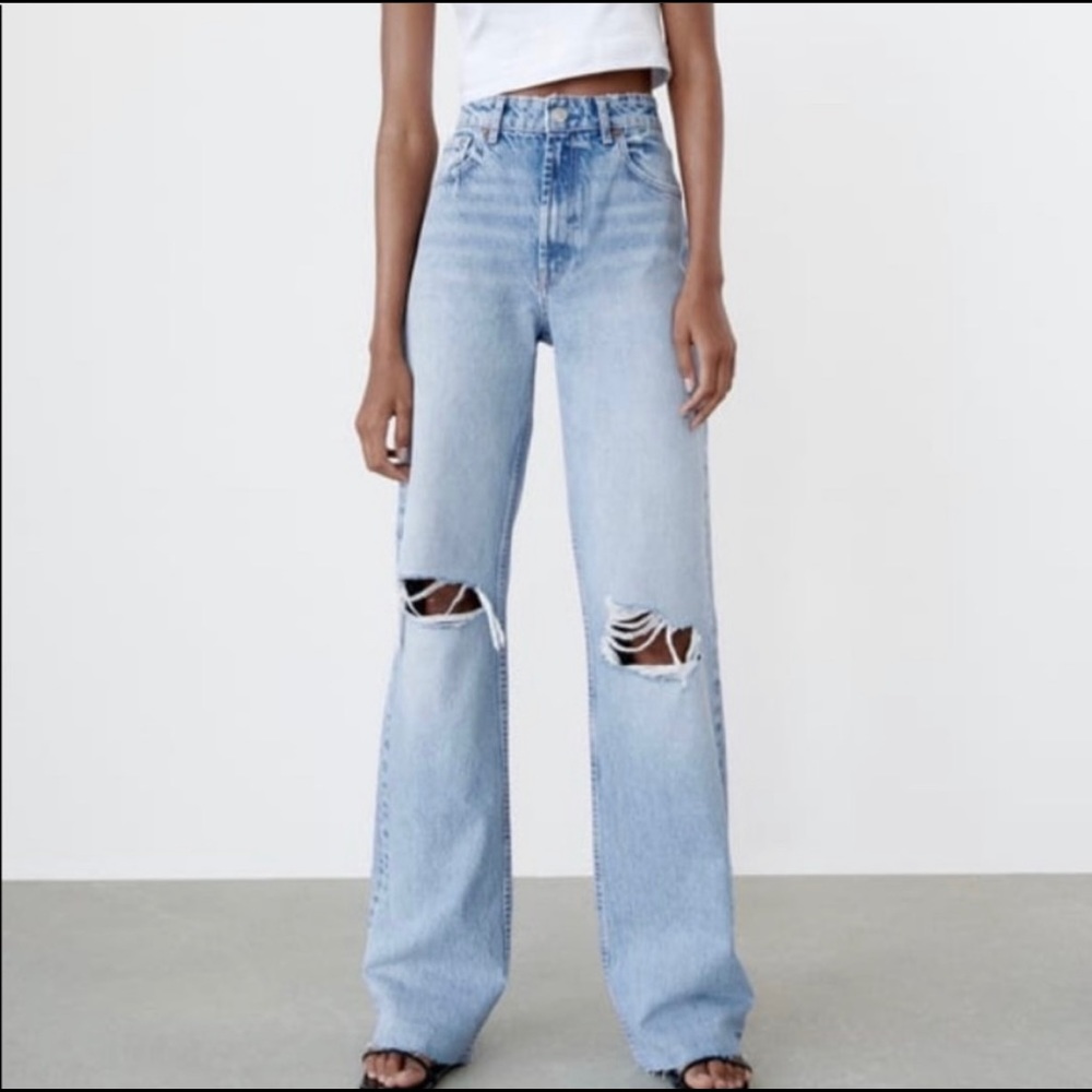 ZARA WIDE LEG FULL LENGTH RIPPED JEANS